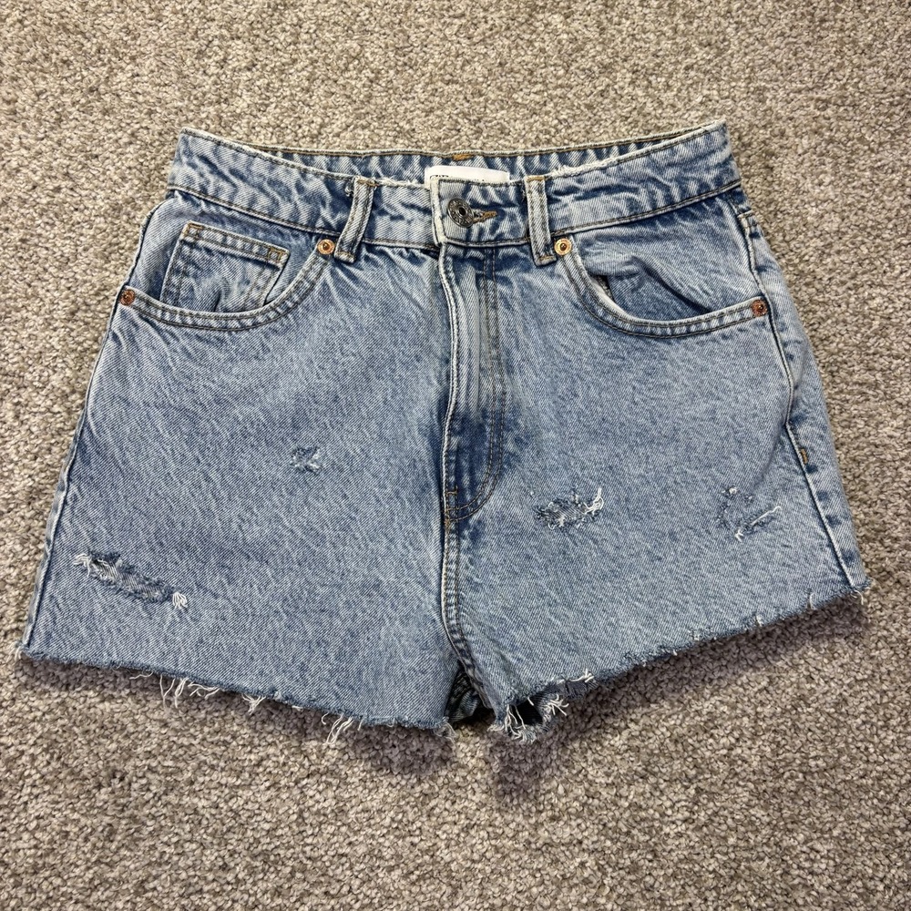 ZARA Denim Shorts Womens 4 Blue Distressed Cutoff Frayed Hem Relaxed Casual